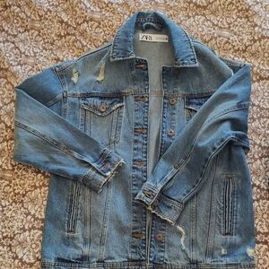 Zara Blue Denim Jacket with Distressed Details